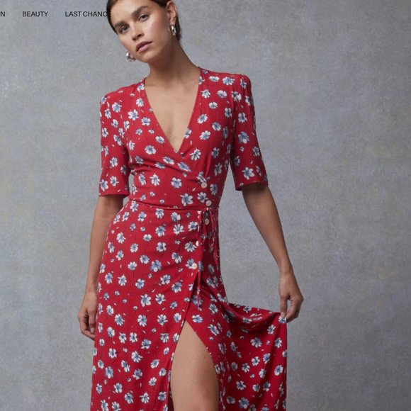ROUJE GABIN RED FLORAL MIDI WRAP DRESS - Picture 4 of 11